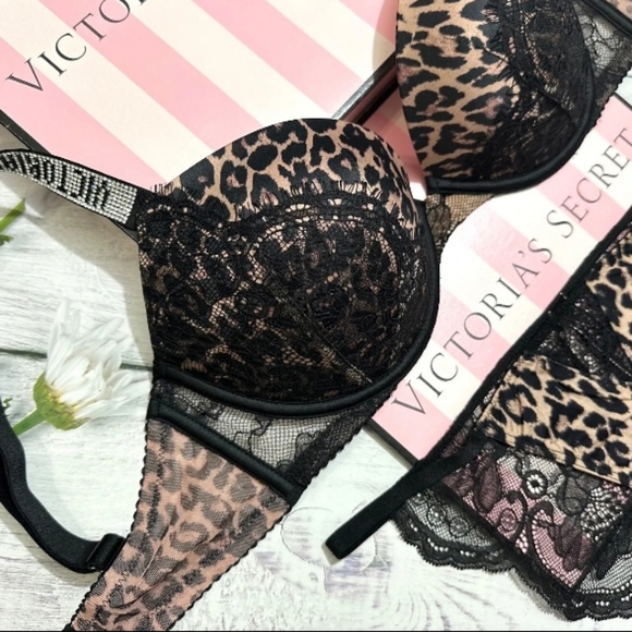 V.S.- 2pc Shine Strap Push Up Bra & Satin/Lace Cheekies-32DD /Large - Picture 2 of 4